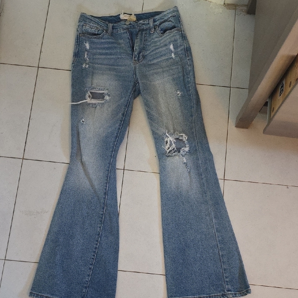 Blue Flare Wide Leg Distressed Jeans